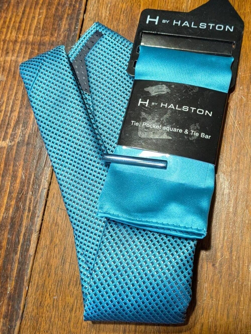 NEW H by Halston $65 Teal Textured Tie Pocket Square & Tie Bar Set